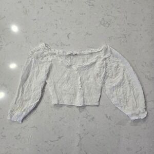 ZARA White Smocked Crop Top Long Balloon Sleeve Ruffle Neck Seersucker XS